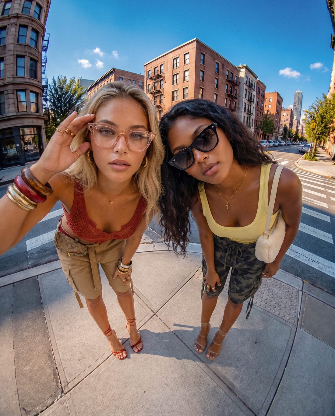 Two models on a street corner, shot from above